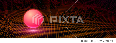 Landscape with wireframe grid of 80s styled retro computer game Landscape with wireframe grid of 80s styled retro computer game 49479874