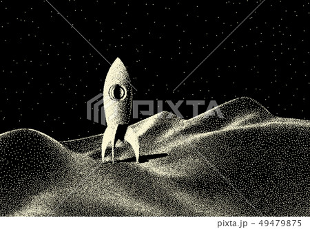 Space landscape with scenic view on planet, rocket and stars made with retro styled dotwork Space landscape with scenic view on planet, rocket and stars made with retro styled dotwork 49479875