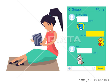 Woman Using Kakao Talk Messenger App In Tabletのイラスト素材