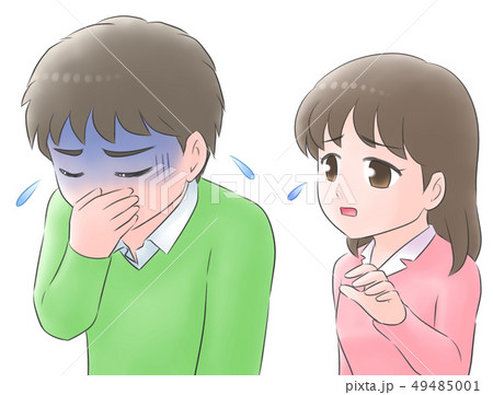 吐き気がする男性と心配する家族のイラスト素材