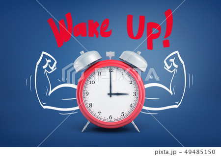 3d rendering of a red old-fashioned alarm clock with strong arm muscles drawn on both sides. 49485150