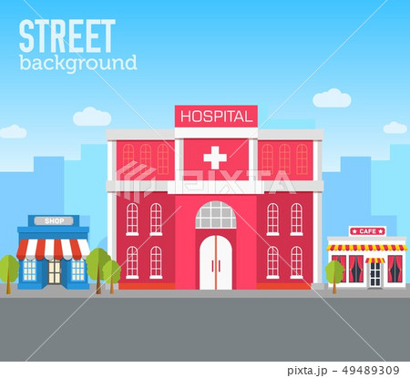 Hospital building in city space with road. 49489309
