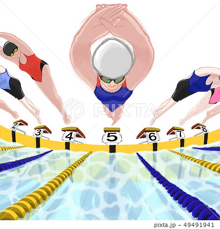 スタート 競泳 女子 他者あり プールあり 水面あり スタート台あり コースロープありのイラスト素材