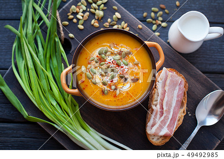 Homemade pumpkin soup with cream. Homemade pumpkin soup with cream. 49492985