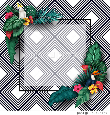 Birds collection with tropical plants on striped b Birds collection with tropical plants on striped b 49496465