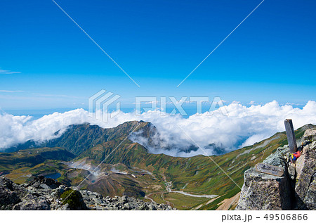 立山連峰　大汝山山頂の山頂標識と眼下に広がる室堂平および奥大日岳の景色 49506866