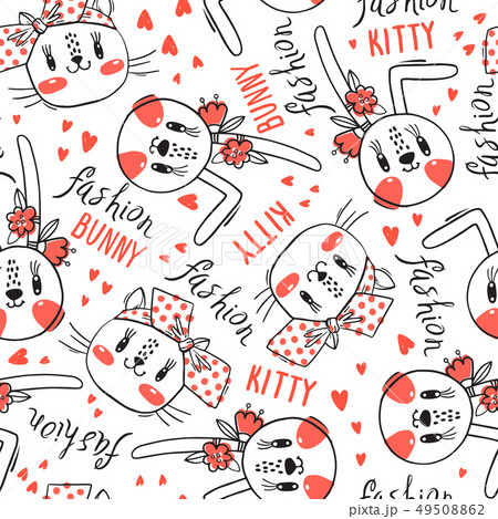 Seamless pattern with faces of cats and rabbits in hairpins bows. Fashion kawaii bunny and kitty 49508862