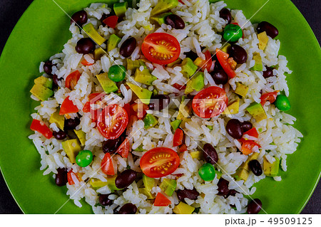 Boiled rice, avocado, fresh vegetable salad, Boiled rice, avocado, fresh vegetable salad, 49509125