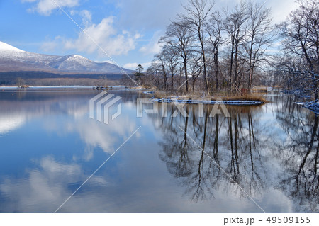 早春の北海道七飯町大沼公園の穏やかな大沼の水面の風景を撮影 49509155