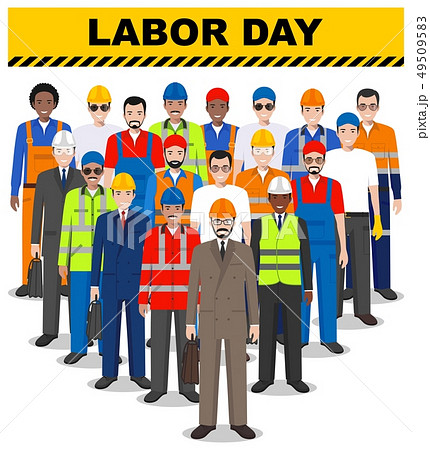 Labor day. Group of worker, builder and engineer standing together on white background in flat style 49509583