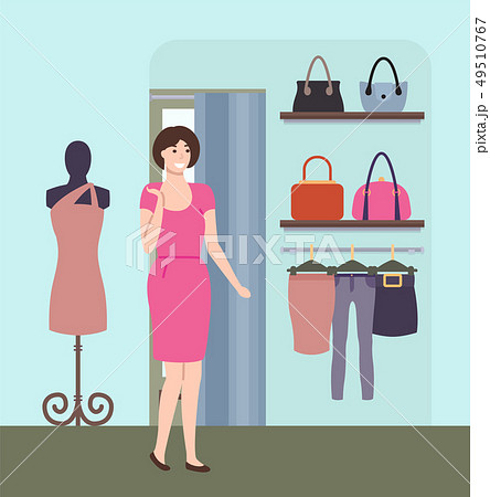 Girl Choosing Clothes, Shopping in Boutique Vector Girl Choosing Clothes, Shopping in Boutique Vector 49510767