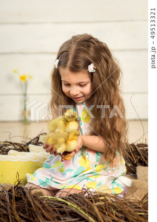 happy little girl in a dress sits in a nest and 49513321