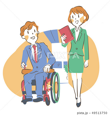 談笑しながら歩く車椅子の男性と女性の若いビジネスマン 談笑しながら歩く車椅子の男性と女性の若いビジネスマン 49513750
