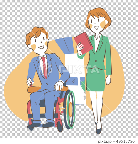 談笑しながら歩く車椅子の男性と女性の若いビジネスマン 談笑しながら歩く車椅子の男性と女性の若いビジネスマン 49513750