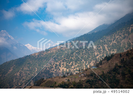 ヒマラヤのシェルパ族の里 カリコラの景色 Kharikhola Nepalの写真素材