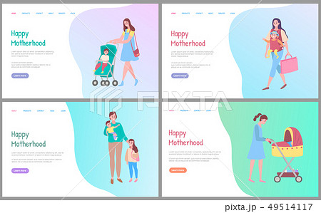Happy Motherhood, Mom with Perambulator and Kid Happy Motherhood, Mom with Perambulator and Kid 49514117