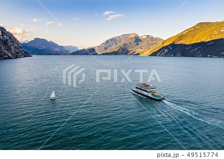 Aerial drone view on car ferry on Lake Garda in Aerial drone view on car ferry on Lake Garda in 49515774