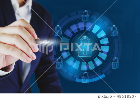 Businessman pointing lock icon. 49518507