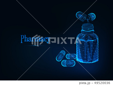 Futuristic pharmacy concept with glowing low polygonal medicine bottle and pills on dark blue. Futuristic pharmacy concept with glowing low polygonal medicine bottle and pills on dark blue. 49520036