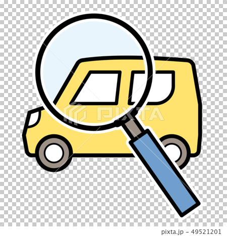 迷你汽車評估 調查圖標說明 迷你汽車和放大鏡 插圖素材 圖庫