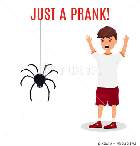 Madly frightened man. Boy afraid of a spider hanging from the top. Prank concept. Colorful flat 49525142