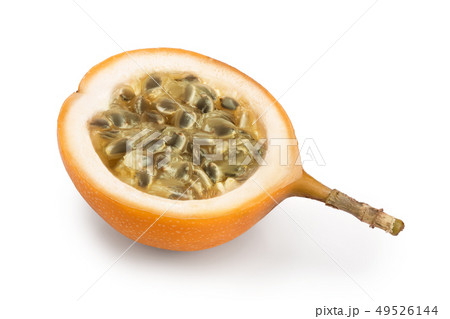 Granadilla or yellow passion fruit half isolated on white background Granadilla or yellow passion fruit half isolated on white background 49526144