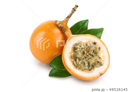 Granadilla or yellow passion fruit with leaf isolated on white background 49526145