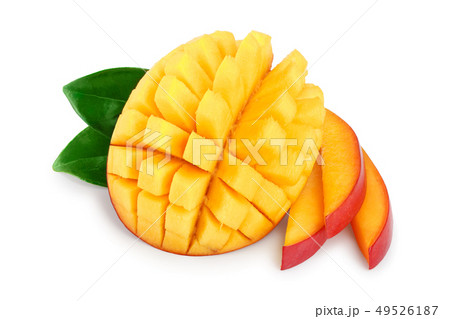 Mango fruit half with leaves and slices isolated on white background close-up Mango fruit half with leaves and slices isolated on white background close-up 49526187