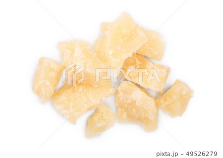 Parmesan cheese pieces isolated on white background. Closeup. Top view. Flat lay 49526279