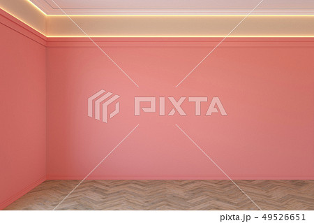 Empty coral, pink color interior with blank wall, mouldings, ceiling backlit and wooden floor. 49526651