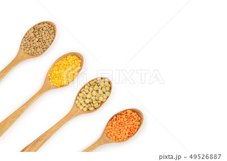 yellow, red end green lentil in wooden spoon isolated on white background with copy space for your yellow, red end green lentil in wooden spoon isolated on white background with copy space for your 49526887