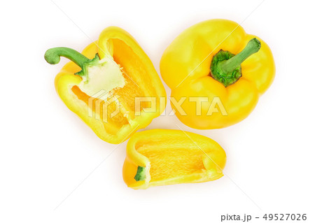 yellow sweet bell pepper isolated on white background. Top view. Flat lay yellow sweet bell pepper isolated on white background. Top view. Flat lay 49527026