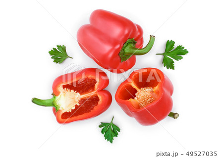 red sweet bell pepper isolated on white background. Top view. Flat lay red sweet bell pepper isolated on white background. Top view. Flat lay 49527035