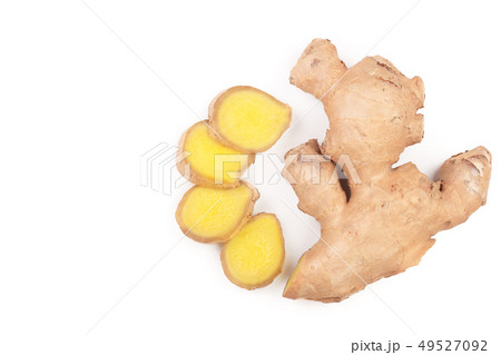 fresh Ginger root and slice isolated on white background. Top view. Flat lay fresh Ginger root and slice isolated on white background. Top view. Flat lay 49527092