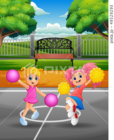 Funny Cheerleaders dancing on the court Funny Cheerleaders dancing on the court 49529293
