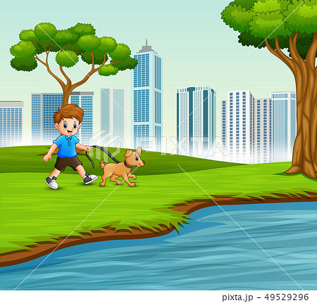 Little boy with his pet walking by the river Little boy with his pet walking by the river 49529296