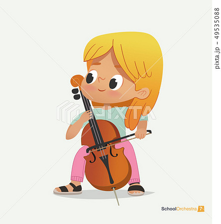 Blond Girl Sit on Chair Play Contrabass with Joy Blond Girl Sit on Chair Play Contrabass with Joy 49535088