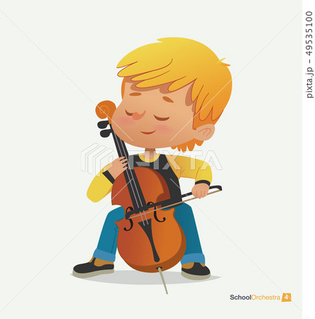 Blond Boy Sit on Chair Play Contrabass with Joy Blond Boy Sit on Chair Play Contrabass with Joy 49535100