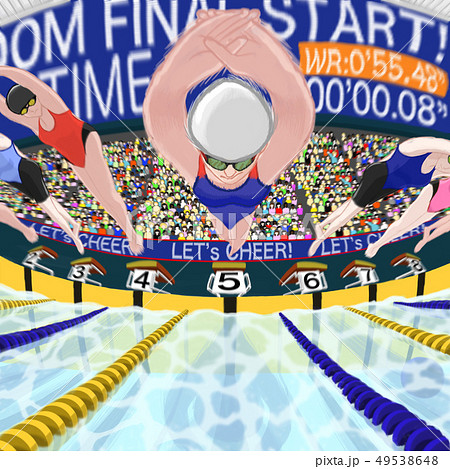 スタート!競泳 女子 他者、プール、水面、スタート台、コースロープ、観客、電光掲示、屋根あり スタート!競泳 女子 他者、プール、水面、スタート台、コースロープ、観客、電光掲示、屋根あり 49538648