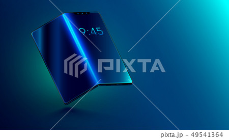 Foldable smartphone with foldable screen. Flexible display of mobile phone bended hanging over table Foldable smartphone with foldable screen. Flexible display of mobile phone bended hanging over table 49541364