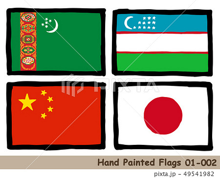手描きの旗アイコン「トルクメニスタンの国旗」「ウズベキスタンの国旗」「中国の国旗」「日本の国旗」