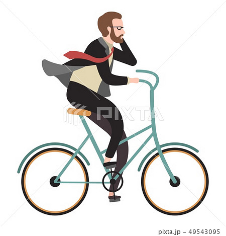 Cyclist flat. Happy man ride bicycle and call phone for business. Outdoor activity cartoon vector 49543095
