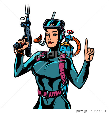 Female diver in wet suit, a gun for underwater fishing 49544691