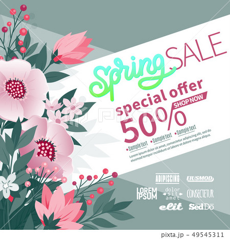 Spring background with green leaves and flowers on trendy geometric backdrop. Vector illustration 49545311