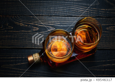 two glasses of whiskey. Top view 49546317