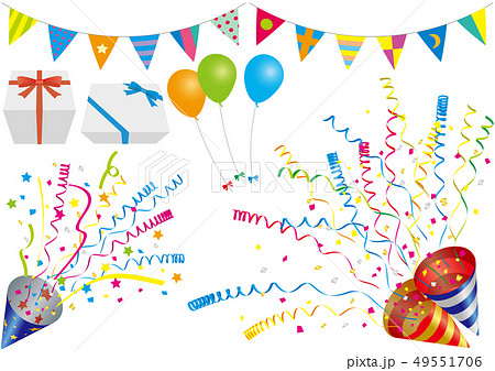 ベクター イラスト デザイン パーティー お祝い クラッカー 旗 プレゼント 風船 星 リボンのイラスト素材 49551706 Pixta