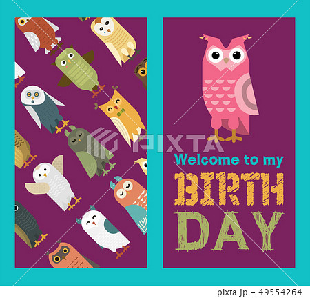 Owl banner and pattern vector illustration. Welcome to my birthday. Cute cartoon wise birds with 49554264