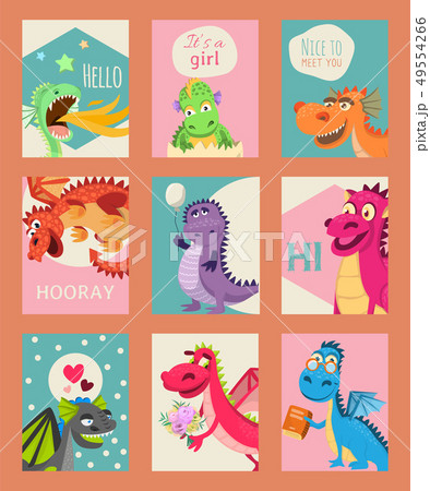 Baby dragons set of birthday or invitation cards or banners vector illustration. Cartoon funny 49554266