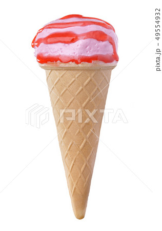 Pink ice cream with strawberry sauce in a waffle Pink ice cream with strawberry sauce in a waffle 49554932