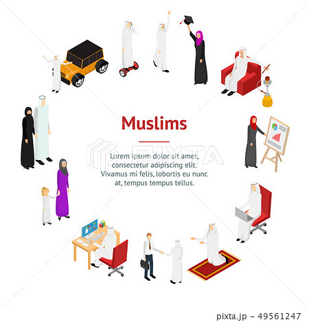 Arab Muslims People 3d Banner Card Circle Isometric View. Vector 49561247